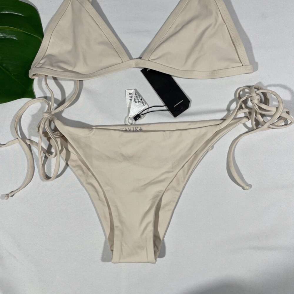 NEW Tavik [‎ Medium ] Jett Triangle Bikini Top + Jax Side Tie Bottom Tapioca - Picture 3 of 12